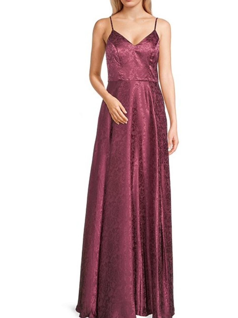 B Darlin Burgundy Satin Maxi Dress with Spaghetti Straps